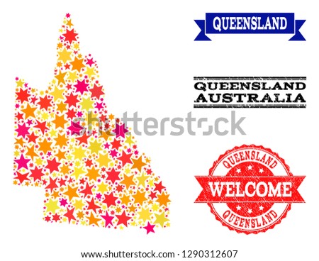 Mosaic map of Australian Queensland composed with colored flat stars, and grunge textured stamps, isolated on an white background.