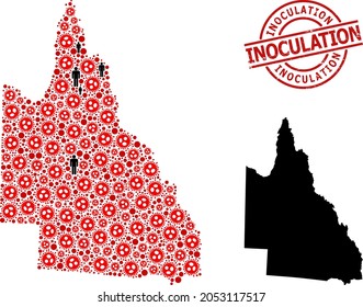 Mosaic map of Australian Queensland constructed from virus icons and demographics elements. Inoculation scratched seal stamp. Black people elements and red sars virus icons.