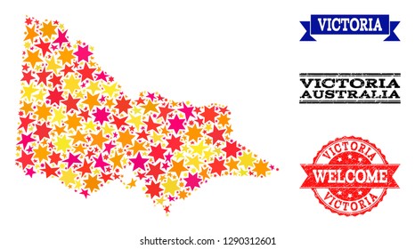 Mosaic map of Australian Victoria designed with colored flat stars, and grunge textured stamps, isolated on an white background.