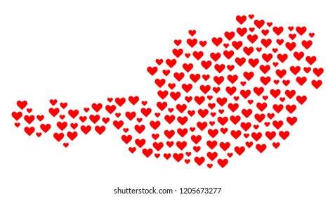 Mosaic map of Austria formed with red love hearts. Vector lovely geographic abstraction of map of Austria with red romantic symbols. Romantic design for political purposes.
