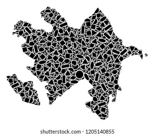 Mosaic map of Azerbaijan created with black flat geometric figures, such as triangles, stars, rectangles, circles, ellipses, segments, sectors, rhombuses, squares, polygons, semi-circles.