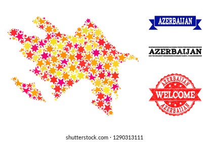 Mosaic map of Azerbaijan designed with colored flat stars, and grunge textured stamps, isolated on an white background. Vector colored geographic abstraction of map of Azerbaijan with red, yellow,