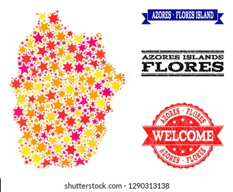 Mosaic map of Azores - Flores Island created with colored flat stars, and grunge textured stamps, isolated on an white background.