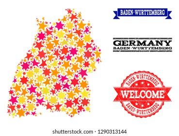 Mosaic map of Baden-Wurttemberg State formed with colored flat stars, and grunge textured stamps, isolated on an white background.