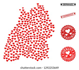 Mosaic map of Baden-Wurttemberg State formed with red love hearts, and rubber watermarks for Valentines day.