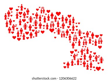 Mosaic map of Baffin Island created with red marriage men. Vector lovely geographic abstraction of map of Baffin Island with red marriage symbols. Romantic flat design for marriage posters.