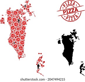 Mosaic map of Bahrain constructed from SARS virus items and men items. Pizza textured seal stamp. Black man icons and red sars virus icons. Pizza phrase is inside round seal stamp.