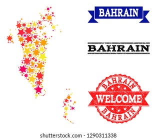Mosaic map of Bahrain created with colored flat stars, and grunge textured stamps, isolated on an white background. Vector colored geographic abstraction of map of Bahrain with red, yellow,