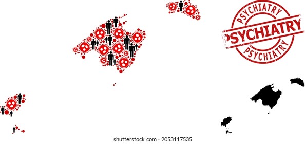 Mosaic Map Of Baleares Province Organized From Covid Infection Elements And Demographics Items. Psychiatry Distress Seal Stamp. Black Man Items And Red Covid Icons.