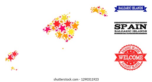 Mosaic map of Balearic Islands designed with colored flat stars, and grunge textured stamps, isolated on an white background. Vector colored geographic abstraction of map of Balearic Islands with red,