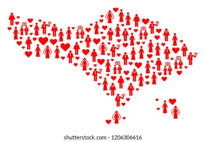 Mosaic map of Bali Island designed with red lovely men and women. Vector lovely geographic abstraction of map of Bali Island with red romantic symbols. Romantic flat design for marriage projects.