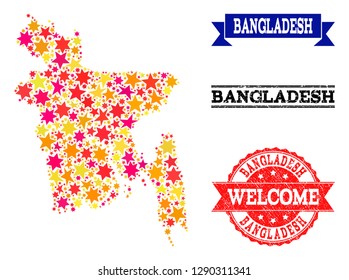 Mosaic map of Bangladesh created with colored flat stars, and grunge textured stamps, isolated on an white background. Vector bright geographic abstraction of map of Bangladesh with red, yellow,