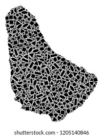 Mosaic map of Barbados created with black flat geometric figures, such as triangles, stars, rectangles, circles, ellipses, segments, sectors, rhombuses, squares, polygons, semi-circles.