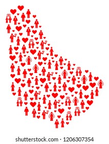 Mosaic map of Barbados designed with red married ladies and gentlemens. Vector lovely geographic abstraction of map of Barbados with red romantic symbols.