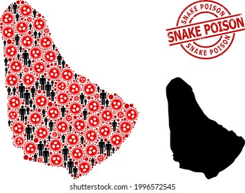 Mosaikkarte von Barbados, organisiert von SARS-Virusartikeln und demographischen Gegenständen. Schlangen Gift strukturierte Stempel. Schwarze Elemente und rote Grippeviruselemente. Der Titel des Schlangengift ist in einem Rundstempel.
