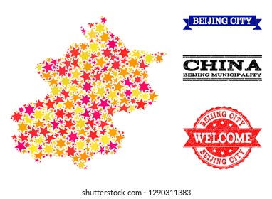 Mosaic map of Beijing Municipality created with colored flat stars, and grunge textured stamps, isolated on an white background.