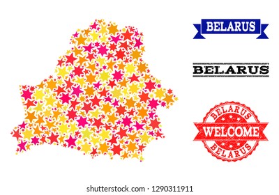 Mosaic map of Belarus composed with colored flat stars, and grunge textured stamps, isolated on an white background. Vector colored geographic abstraction of map of Belarus with red, yellow,
