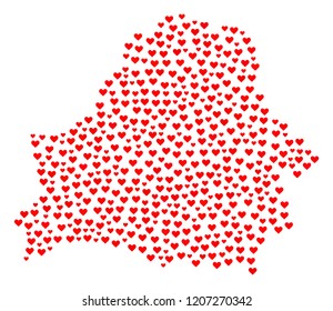 Mosaic map of Belarus created with red love hearts. Vector lovely geographic abstraction of map of Belarus with red romantic symbols. Romantic design for dating applications.