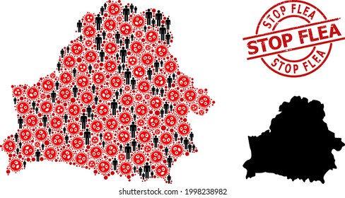 Mapa mosaico de Belarús diseñado a partir de elementos de infección cómodos y elementos de personas. Detén la insignia de la pulga. Iconos de hombres negros e íconos rojos de covid-2019. Detener el título de la pulga dentro de la marca de agua redonda.