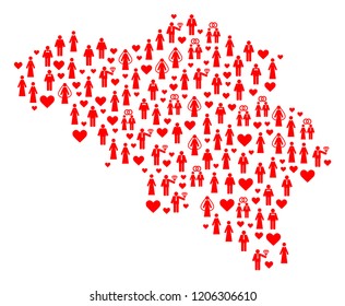 Mosaic map of Belgium composed with red lovely people. Vector lovely geographic abstraction of map of Belgium with red marriage symbols. Romantic flat design for marriage projects.