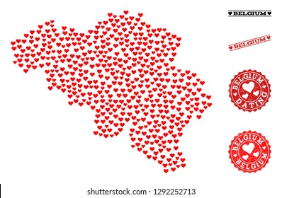 Mosaic map of Belgium formed with red love hearts, and rubber stamp seals for dating. Vector lovely geographic abstraction of map of Belgium with red romantic symbols.