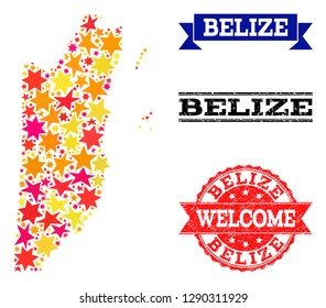Mosaic map of Belize designed with colored flat stars, and grunge textured stamps, isolated on an white background. Vector colorful geographic abstraction of map of Belize with red, yellow,