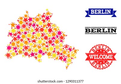 Mosaic map of Berlin City designed with colored flat stars, and grunge textured stamps, isolated on an white background. Vector colored geographic abstraction of map of Berlin City with red, yellow,