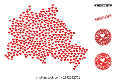Mosaic map of Berlin City designed with red love hearts, and rubber stamp seals for dating. Vector lovely geographic abstraction of map of Berlin City with red dating symbols.
