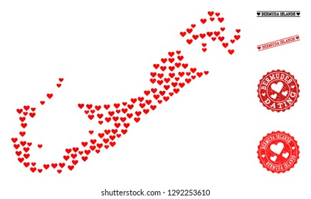 Mosaic map of Bermuda Islands designed with red love hearts, and grunge watermarks for dating. Vector lovely geographic abstraction of map of Bermuda Islands with red wedding symbols.