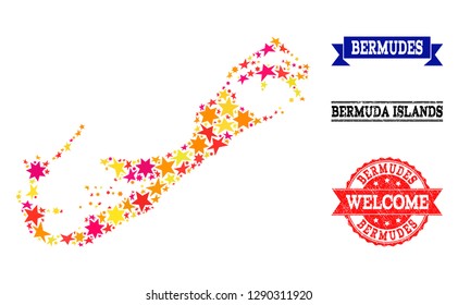 Mosaic map of Bermuda Islands formed with colored flat stars, and grunge textured stamps, isolated on an white background. Vector colored geographic abstraction of map of Bermuda Islands with red,