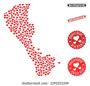 Mosaic map of Boracay Island created with red love hearts, and rubber stamp seals for Valentines day. Vector lovely geographic abstraction of map of Boracay Island with red romance symbols.