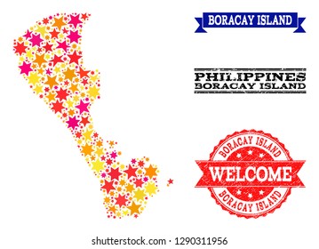 Mosaic map of Boracay Island formed with colored flat stars, and grunge textured stamps, isolated on an white background. Vector colored geographic abstraction of map of Boracay Island with red,