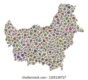 Mosaic map of Borneo Island composed with colored flat concretions. Vector versicolor geographic abstraction of map of Borneo Island.