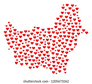 Mosaic map of Borneo Island designed with red love hearts. Vector lovely geographic abstraction of map of Borneo Island with red romantic symbols. Romantic design for bonus projects.