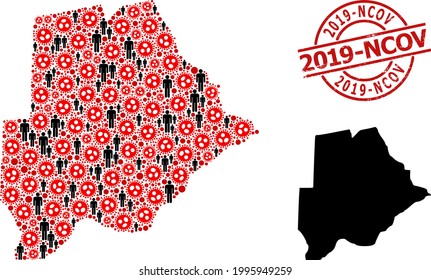 Mosaic map of Botswana organized from virus icons and people items. 2019-Ncov distress seal. Black men icons and red SARS virus items. 2019-Ncov text is inside round seal stamp.
