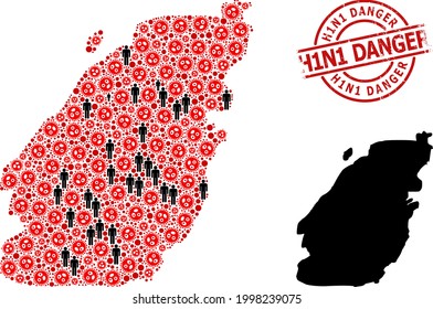 Mosaic map of Bowen Island designed from coronavirus items and population items. H1N1 Danger scratched watermark. Black man elements and red coronavirus items.
