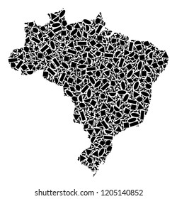 Mosaic map of Brazil composed with black flat geometric objects, such as triangles, stars, rectangles, circles, ellipses, segments, sectors, rhombuses, squares, polygons, semi-circles.