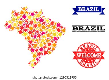 Mosaic map of Brazil composed with colored flat stars, and grunge textured stamps, isolated on an white background. Vector colored geographic abstraction of map of Brazil with red, yellow,