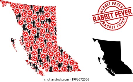 Mosaic map of British Columbia Province united from flu virus elements and people elements. Rabbit Fever distress seal stamp. Black people symbols and red virus items.