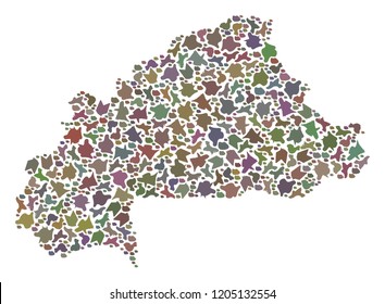 Mosaic map of Burkina Faso composed with colored flat concretions. Vector versicolor geographic abstraction of map of Burkina Faso.