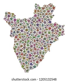Mosaic map of Burundi created with colored flat stones. Vector motley geographic abstraction of map of Burundi.