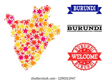 Mosaic map of Burundi formed with colored flat stars, and grunge textured stamps, isolated on an white background. Vector colorful geographic abstraction of map of Burundi with red, yellow,