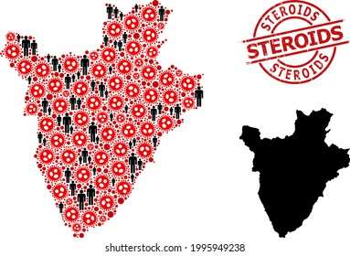 Mapa mosaico de Burundi organizado a partir de íconos de brotes de virus y objetos masculinos. Estampilla de foca rayada por los esteroides. Iconos de hombres negros y elementos de virus rojos. Texto de los esteroides dentro del sello de sello de sello redondo.