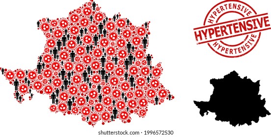 Mosaikkarte der Provinz Caceres, konstruiert aus coviden Viruselementen und demografischen Elementen. Hochspannungssiegelstempel. Schwarze Männer Gegenstände und rote virale Gegenstände.
