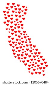 Mosaic map of California designed with red love hearts. Vector lovely geographic abstraction of map of California with red romantic symbols. Romantic design for relations projects.