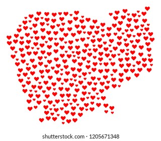Mosaic map of Cambodia composed with red love hearts. Vector lovely geographic abstraction of map of Cambodia with red wedding symbols. Romantic design for wedding illustrations.