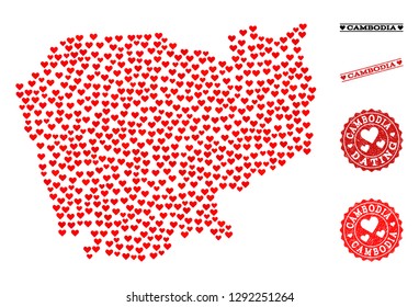 Mosaic map of Cambodia composed with red love hearts, and grunge stamp seals for Valentines day. Vector lovely geographic abstraction of map of Cambodia with red romantic symbols.