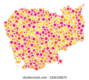 Mosaic map of Cambodia created with colored flat stars. Vector colored geographic abstraction of map of Cambodia with red, yellow, orange stars. Festive design for Christmas illustrations.