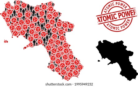 Mosaic map of Campania region organized from covid-2019 items and demographics elements. Atomic Power scratched seal stamp. Black man symbols and red covid-2019 elements.