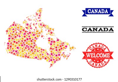 Mosaic map of Canada formed with colored flat stars, and grunge textured stamps, isolated on an white background. Vector colored geographic abstraction of map of Canada with red, yellow, orange stars.